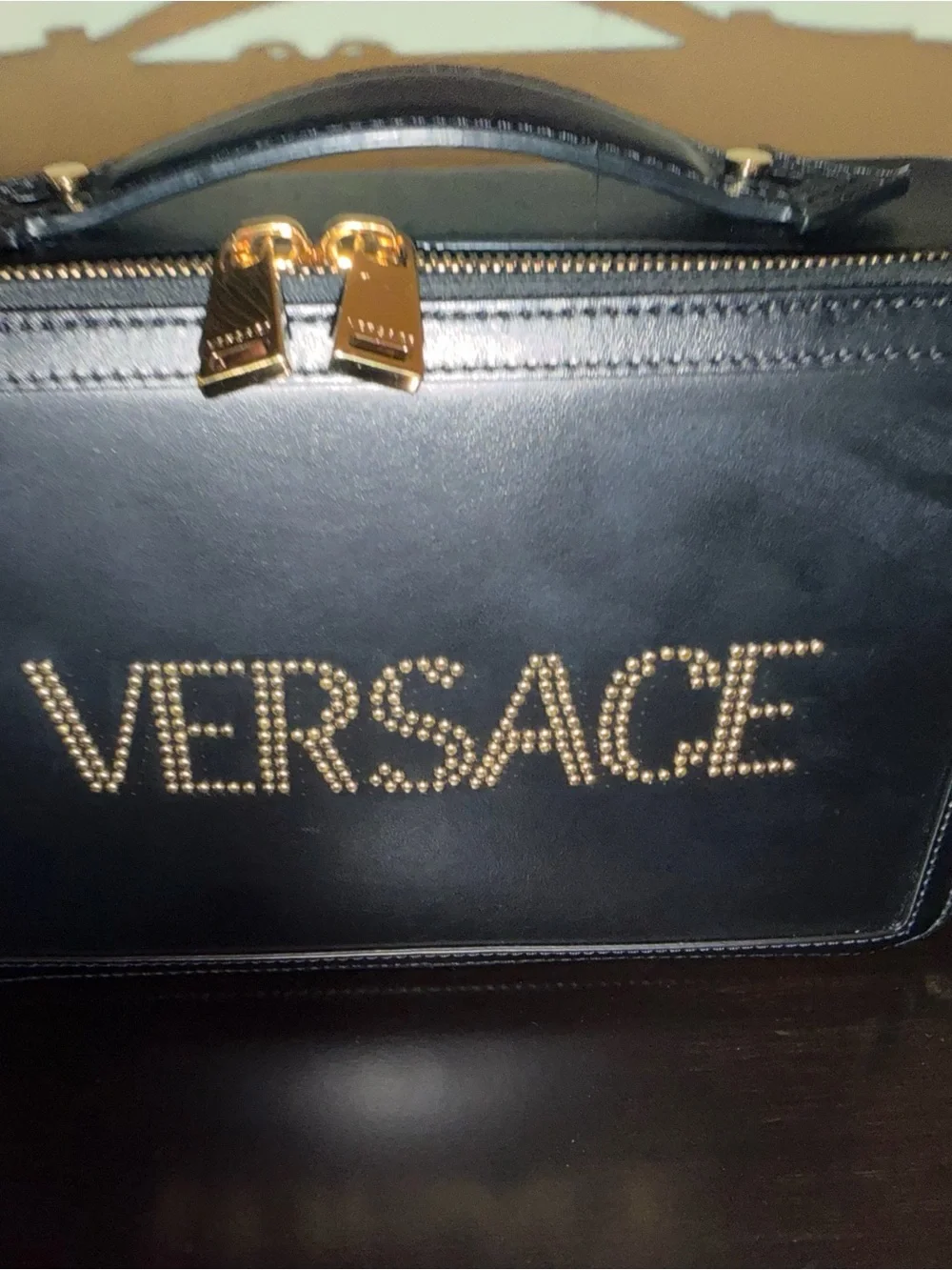 Versace Black Leather Stud Logo Messenger Bag with Gold Hardware